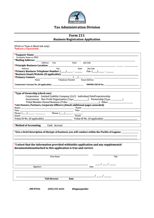 Fillable Form 211 - Business Registration Application Printable pdf