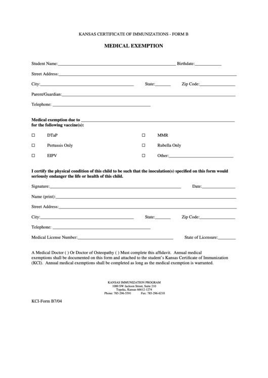 Kansas Certificate Of Immunizations - Form B Medical Exemption Printable pdf