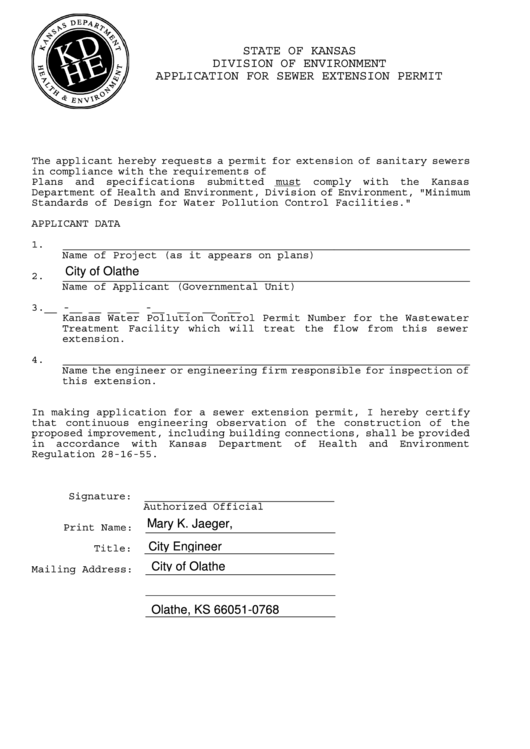 State Of Kansas Division Of Environment Application For Sewer Extension Permit Printable pdf