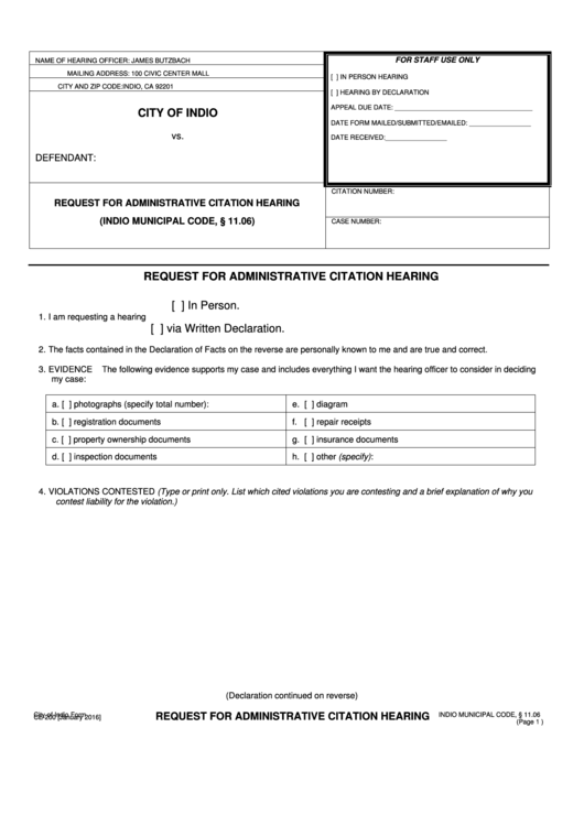 City Of Indio Form Ce-200 - Admin Hearing Request Form Printable pdf