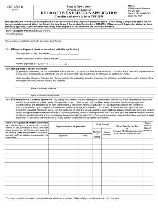Form Cbt-2553-r - New Jersey Retroactive S Election Application