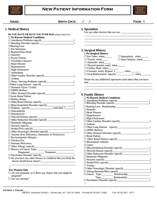 New Patient Information Form Printable pdf
