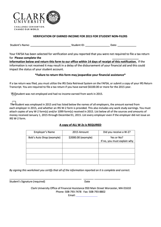 Verification Of Earned Income For 2015 For Student Non-Filers Printable pdf