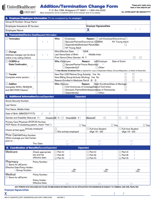 Form Ms-07-422 - Addition/termination Change Printable pdf