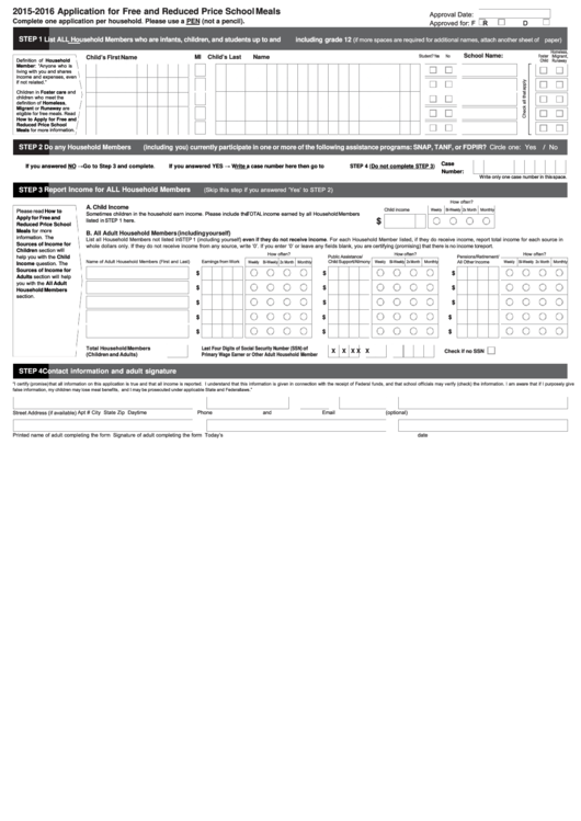 Application For Free And Reduced Price School Meals Template - 2015-2016