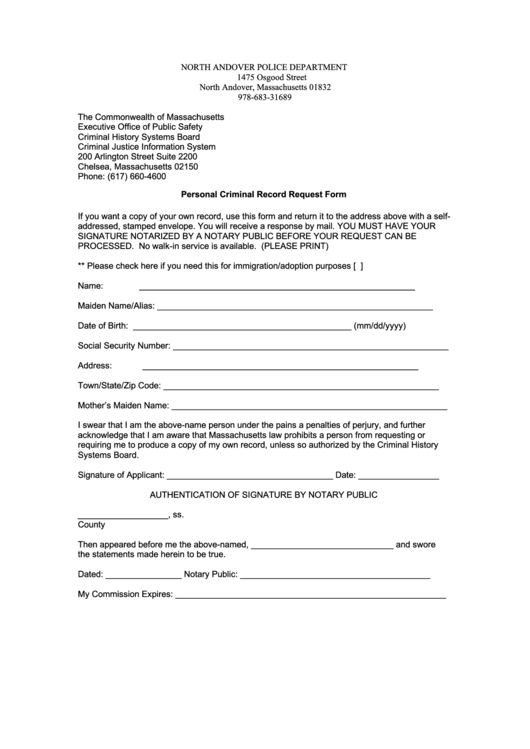 Personal Criminal Record Request Form North Andover Printable pdf