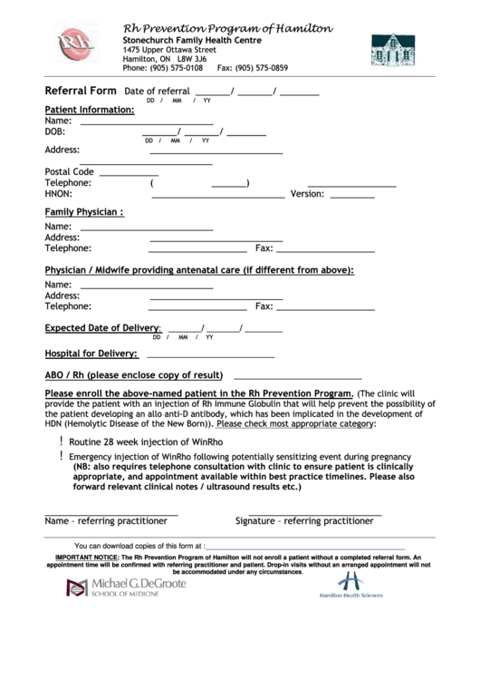 Rh Prevention Program Of Hamilton Referral Form Printable pdf