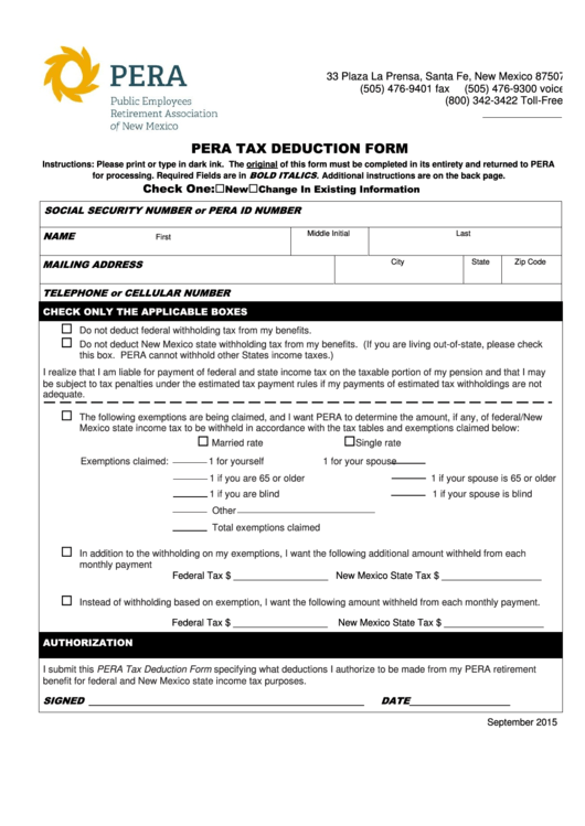 Fillable Pera Tax Deduction Form Fillable 2015 Printable pdf