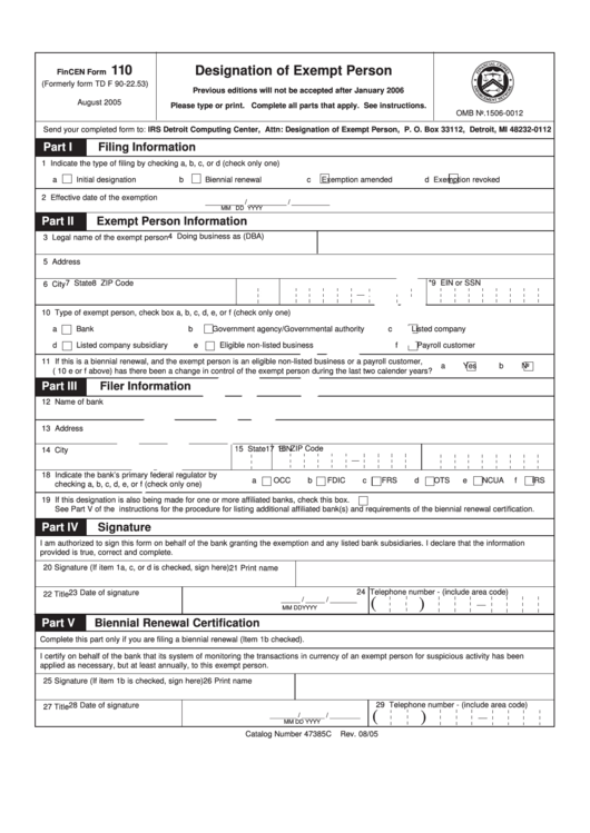 Fillable Fincen Form 110 Designation Of Exempt Person Printable pdf