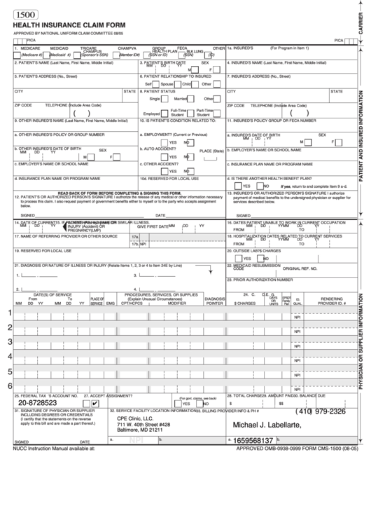 Fillable Form 1500 - 2005 Health Insurance Claim Form Printable pdf