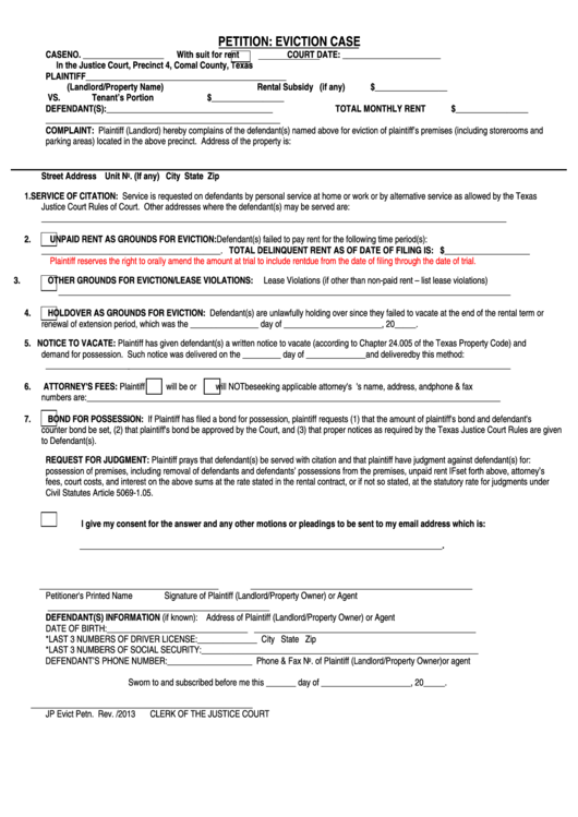 Petition: Eviction Case - Texas Justice Court - 2013, Non-Military Affidavit Printable pdf