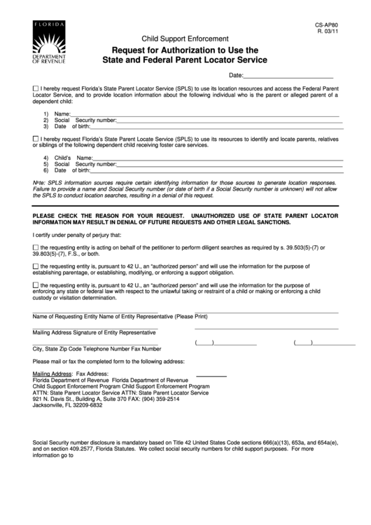 Cs-Ap80 - Child Support Enforcement - Request For Authorization To Use The State And Federal Parent Locator Service Printable pdf