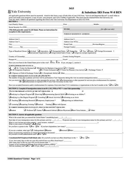 3415 Fr.01 - International Information Form & Substitute Irs Form W-8 Ben - Yale University Printable pdf