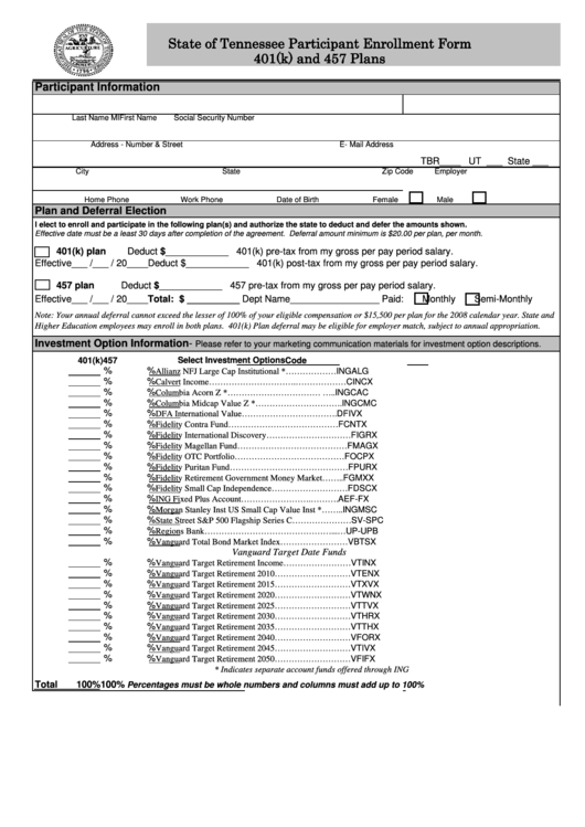 Fillable State Of Tennessee Participant Enrollment Form 401(K) And 457 Plans Printable pdf