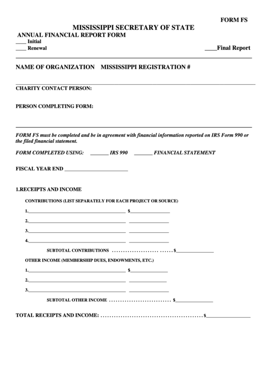 Form Fs - Mississippi Secretary Of State Annual Financial Report Form Printable pdf