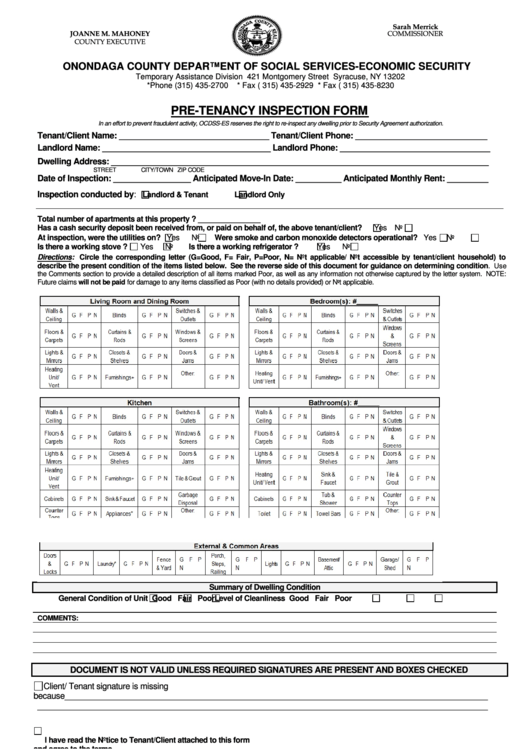 Pre-Tenancy Inspection Form Printable pdf