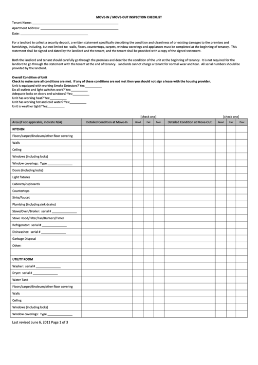Move-In / Move-Out Housing Inspection Checklist Printable pdf