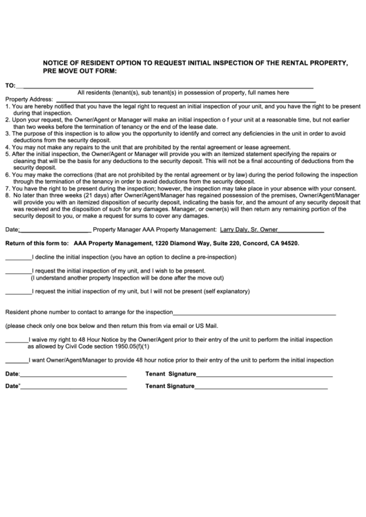 Notice Of Resident Option To Request Initial Inspection Of The Rental Property, Pre Move Out Form: Printable pdf