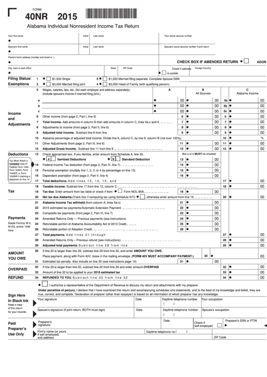 Form 40nr - Alabama Individual Nonresident Income Tax Return (2015)