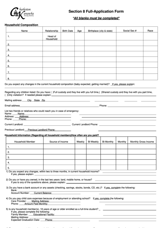 Section 8 Full Application Form - Charleston Kanawha Housing Printable pdf
