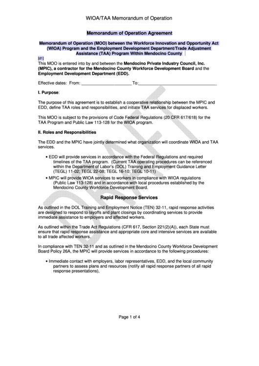 Wioa Taa Memorandum Of Operation - Mendocino County Printable pdf