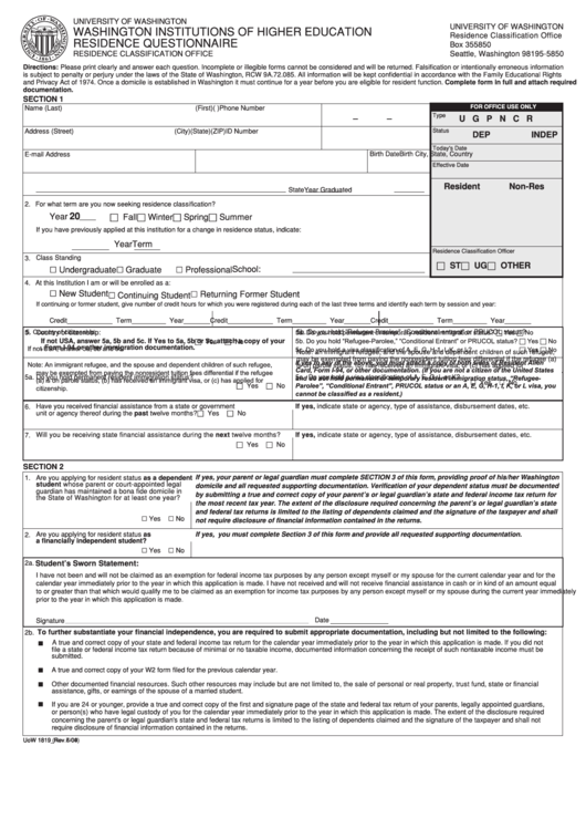 Fillable Residence Questionnaire - University Of Washington Printable pdf