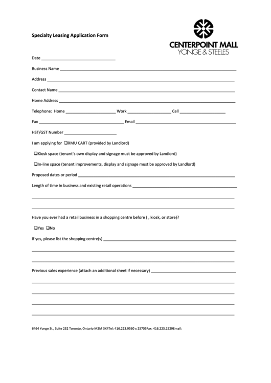 Specialty Leasing Application Form - Centerpoint Mall Printable pdf
