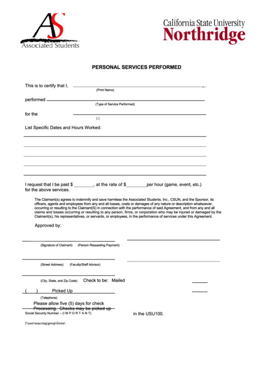 Fillable Personal Services Performed Form/california Form 590