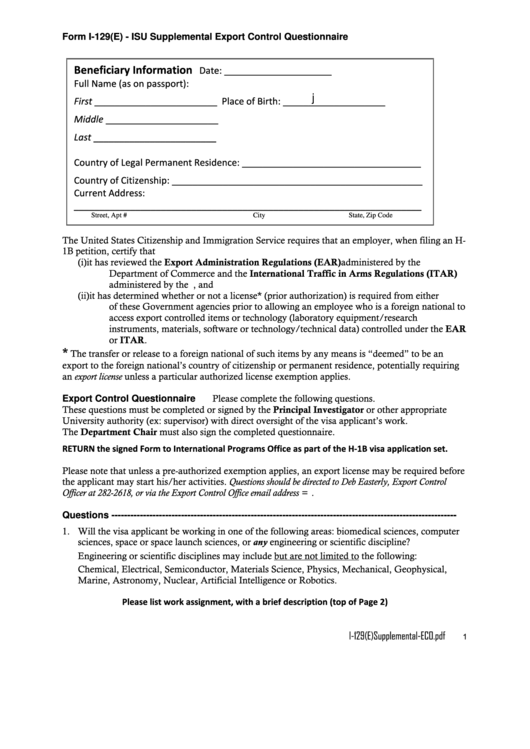 Fillable Form I 129 E Isu Supplemental Export Control Questionnaire Printable Pdf Download