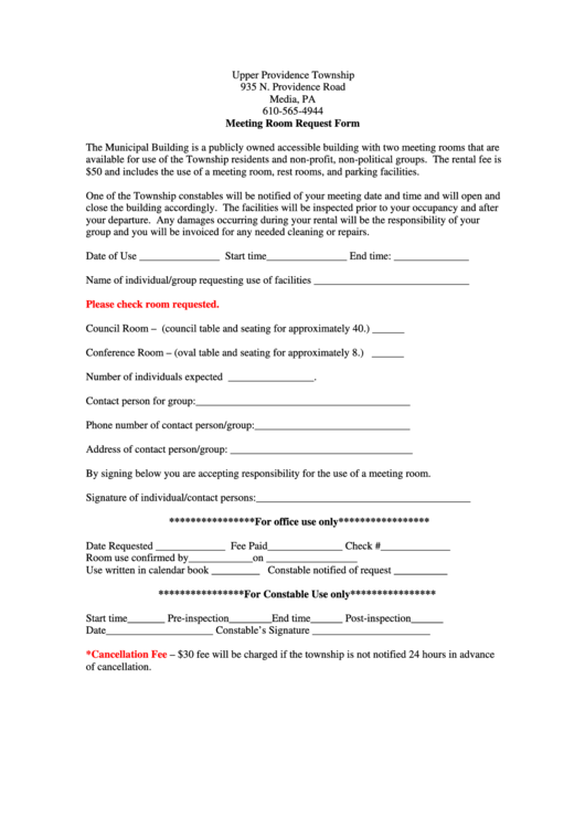 Meeting Room Form - Upper Providence Township Printable pdf