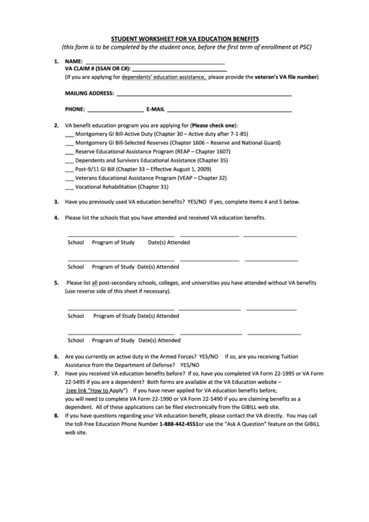 Student Worksheet For Va Education Benefits Printable pdf