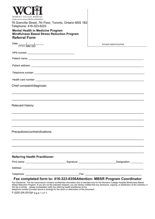 F2220 Mbsr Referral Form - Womens College Hospital Printable pdf