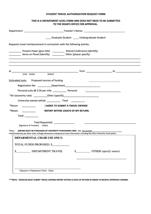 Fillable Student Travel Authorization Request Form printable pdf download