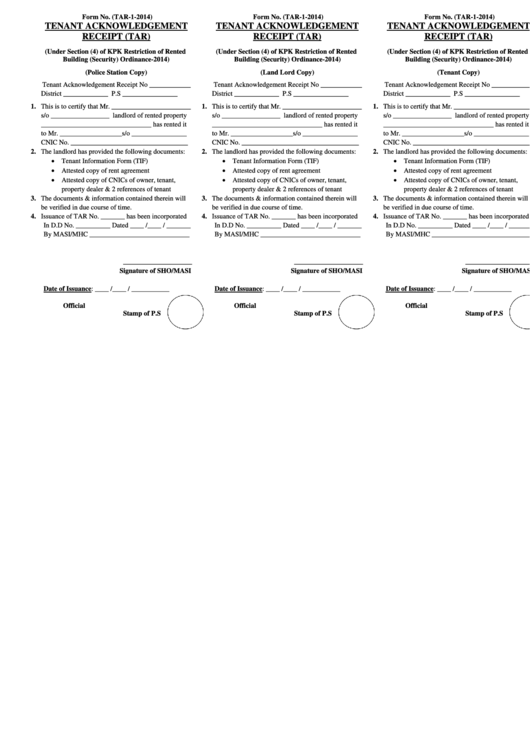Tenant Acknowledgement Receipt - Tenant Printable pdf