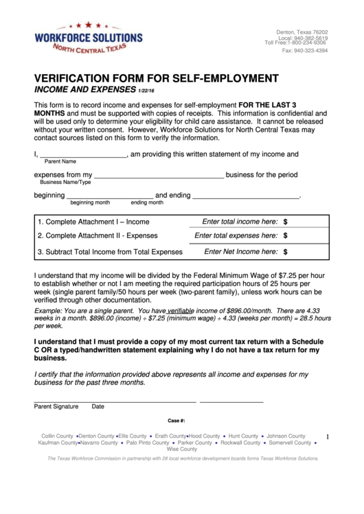 Fillable Self Employment Form - Workforce Solutions For North Central ...