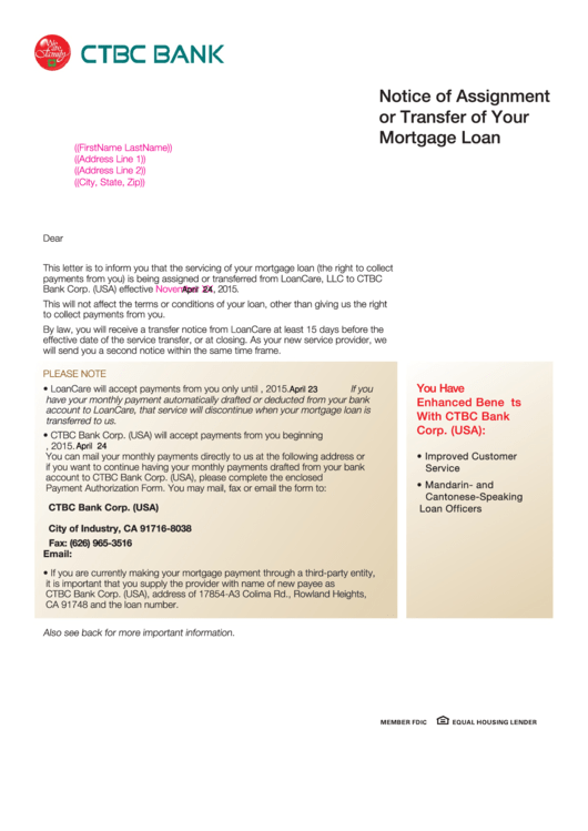 Fillable Notice Of Assignment Or Transfer Of Your Mortgage Loan - Ctbc Bank Printable pdf