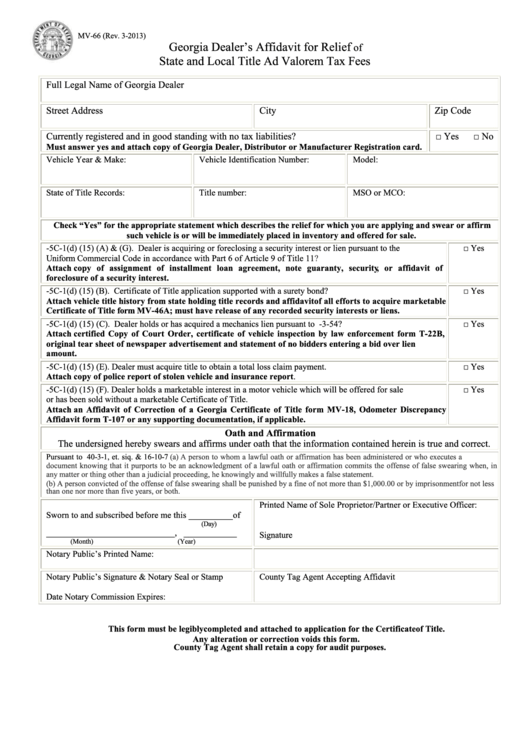 Fillable Georgia Dealer Affidavit For Relief Of State And Local Title Ad Valorem Tax Fees Printable pdf