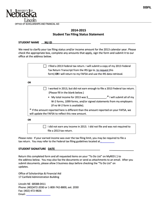 2014-2015 Student Tax Filing Status Statement Template Printable pdf