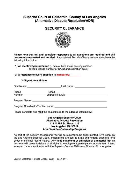 Security Clearance Form - Superior Court Of California, County Of Los Angeles - 2009 Printable pdf