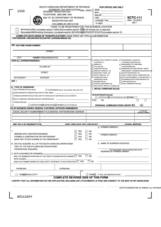 Form Sctc 111 - Business Tax Application With Instructions Printable pdf