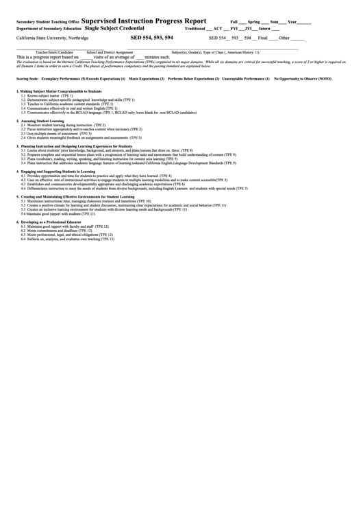 Supervised Instruction Progress Report Printable pdf