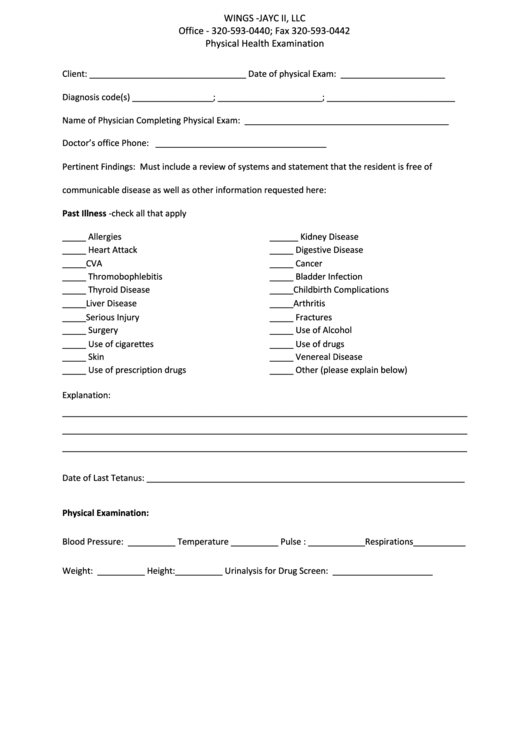 Physical Health Examination Form Printable pdf