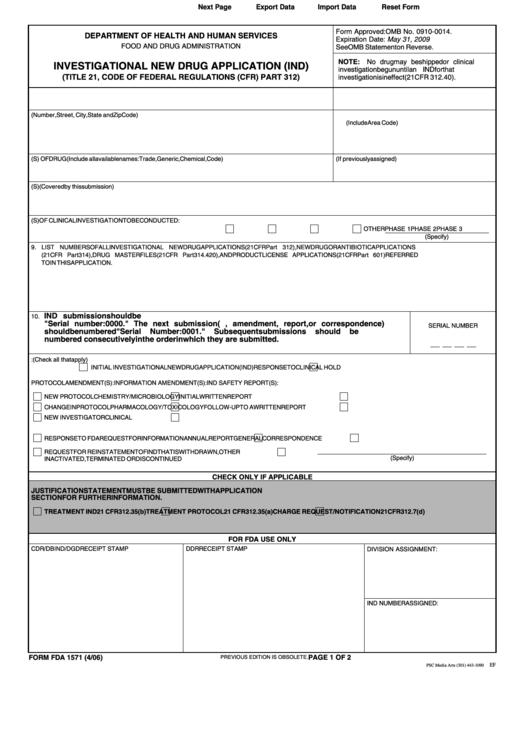 Fda Form 1571 Investigational New Drug Application Printable pdf