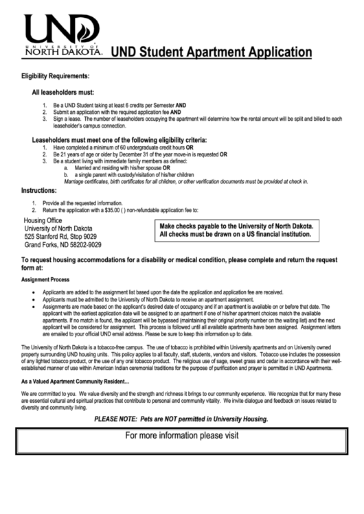 University Of North Dakota Apartment Application Printable pdf