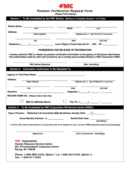 Pension Verification Request Form Printable pdf