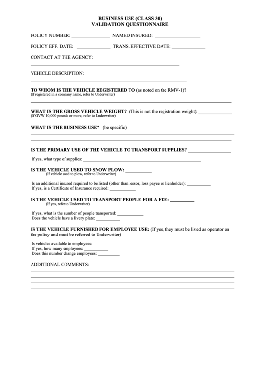 Business Use (Class 30) Validation Questionnairestate Of New Jersey W-9/questionnaire Instructions Template Printable pdf