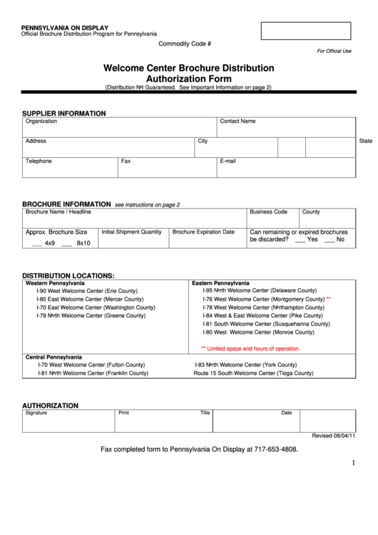 Welcome Center Brochure Distribution Authorization Form - Pennsylvania On Display Printable pdf