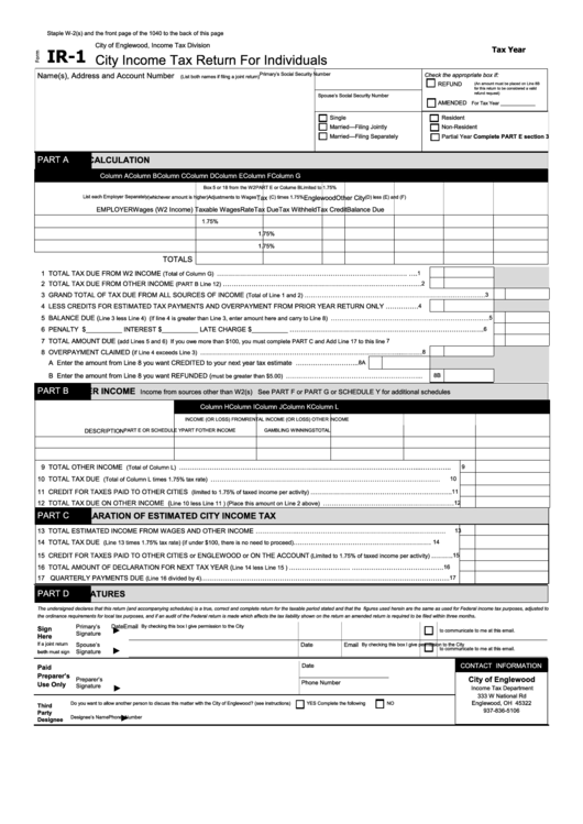 Fillable Form Ir-1 - City Income Tax Return For Individuals Printable pdf