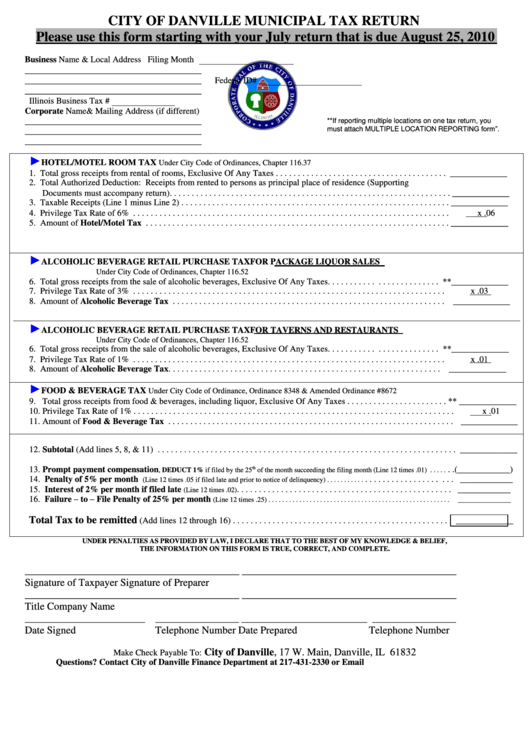 City Of Danville Municipal Tax Return Printable pdf