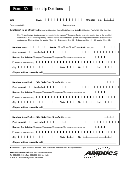 Form 130 Membership Deletions - Ambucs Printable pdf